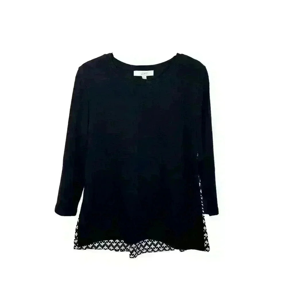 Ann Taylor Loft NWT SZ Medium Navy Blue Ribbed 3/4 Sleeve Blouse Top Hi Low Hem